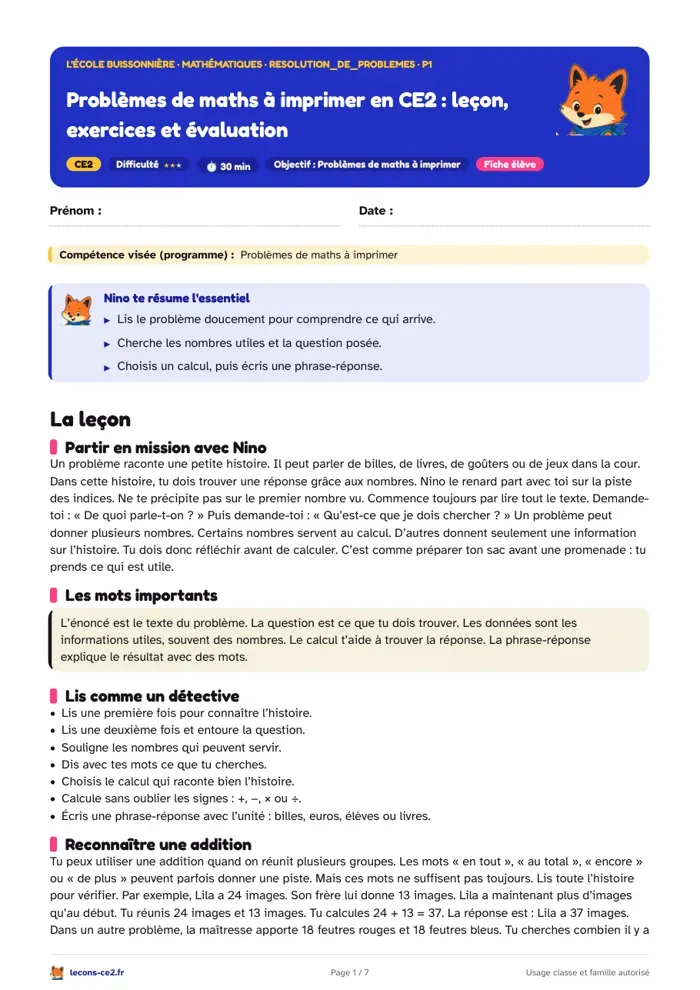 Aperçu de la fiche « Problèmes de maths à imprimer en CE2 : leçon, exercices et évaluation » en PDF