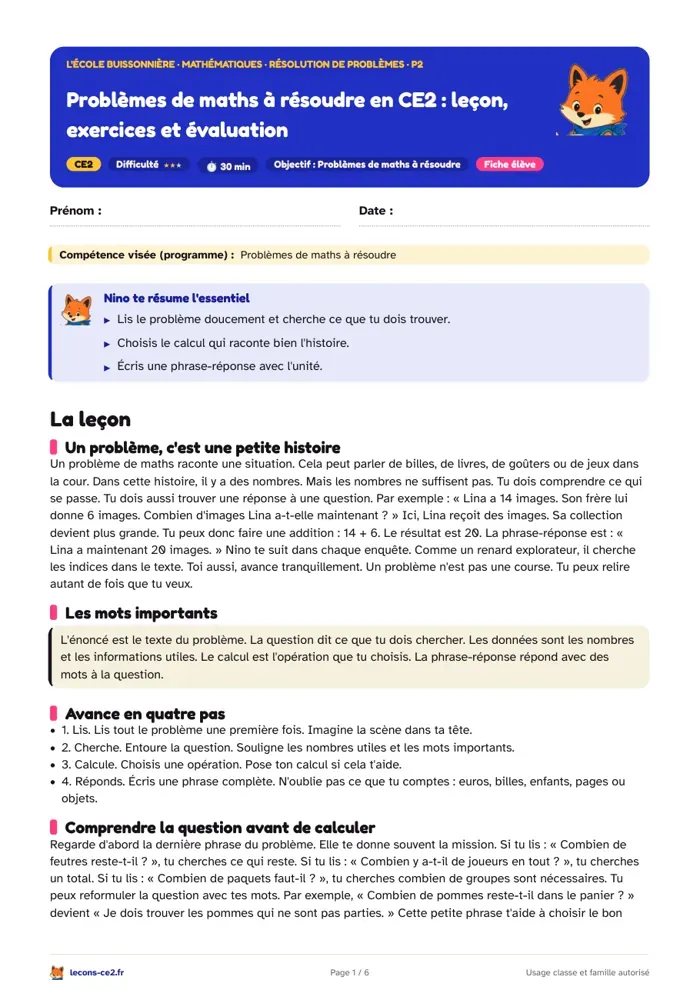 Aperçu de la fiche « Problèmes de maths à résoudre en CE2 : leçon, exercices et évaluation » en PDF
