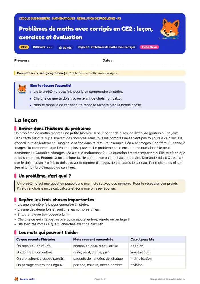 Aperçu de la fiche « Problèmes de maths avec corrigés en CE2 : leçon, exercices et évaluation » en PDF