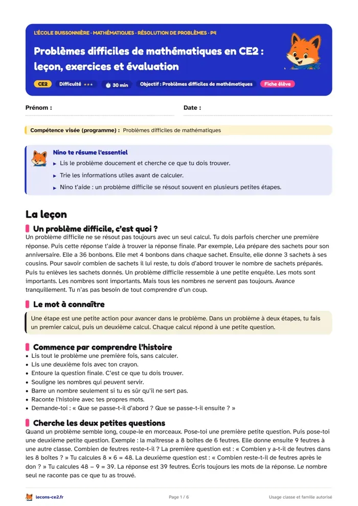 Aperçu de la fiche « Problèmes difficiles de mathématiques en CE2 : leçon, exercices et évaluation » en PDF