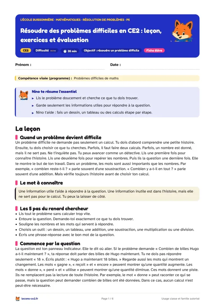Aperçu de la fiche « Résoudre des problèmes difficiles en CE2 : leçon, exercices et évaluation » en PDF