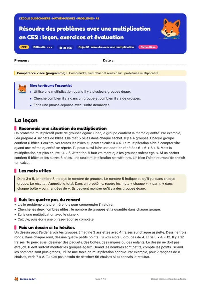 Aperçu de la fiche « Résoudre des problèmes de multiplication en CE2 : leçon, exercices et évaluation » en PDF