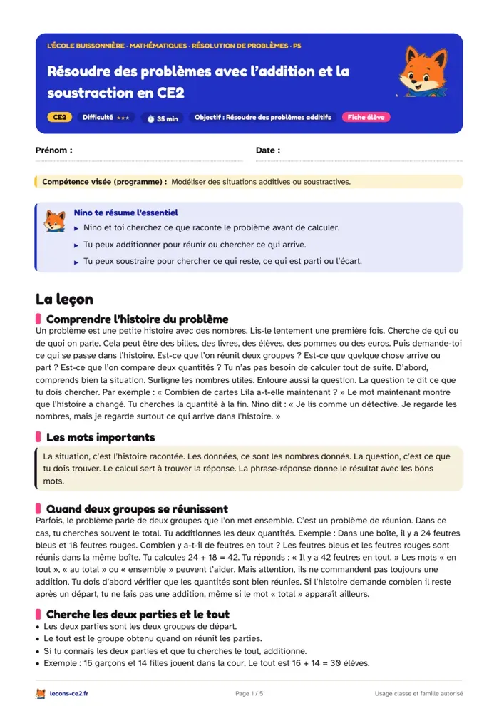 Aperçu de la fiche « Reconnaître les trois types de problèmes additifs et faire un schéma en CE2 » en PDF