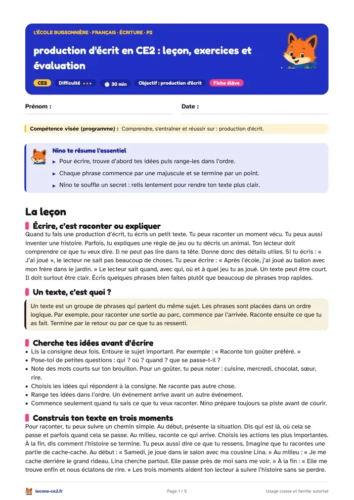 Aperçu de la fiche « Production d'écrit en CE2 : leçon, exercices et évaluation » en PDF