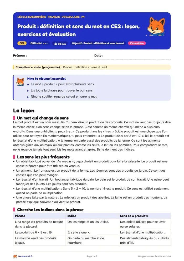 Aperçu de la fiche « Le mot produit en CE2 : comprendre ses différents sens » en PDF