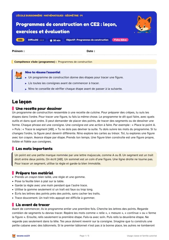 Aperçu de la fiche « Programmes de construction en CE2 : leçon, exercices et évaluation » en PDF