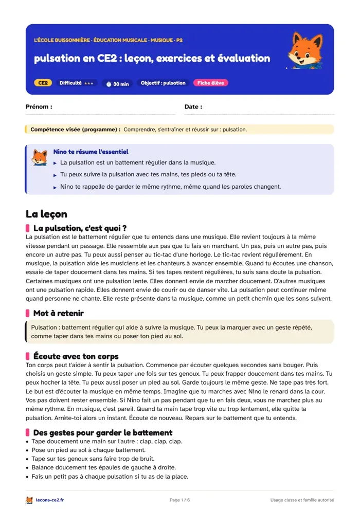 Aperçu de la fiche « Pulsation en CE2 : leçon, exercices et évaluation » en PDF
