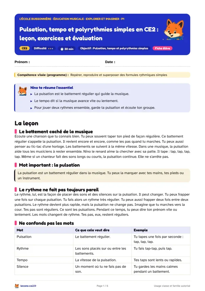 Aperçu de la fiche « Pulsation, tempo et polyrythmies simples en CE2 : leçon, exercices et évaluation » en PDF