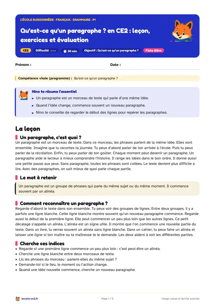 Aperçu de la fiche « Qu'est-ce qu'un paragraphe ? en CE2 : leçon, exercices et évaluation » en PDF
