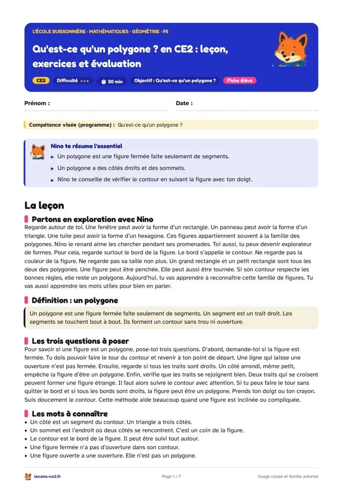 Aperçu de la fiche « Qu'est-ce qu'un polygone ? en CE2 : leçon, exercices et évaluation » en PDF
