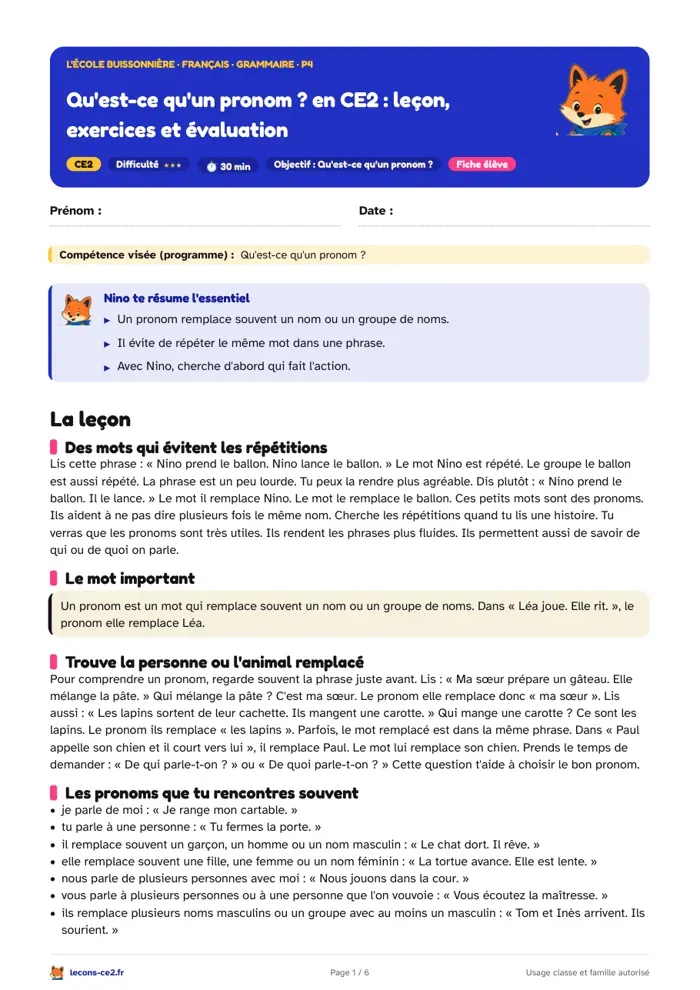 Aperçu de la fiche « Qu'est-ce qu'un pronom ? en CE2 : leçon, exercices et évaluation » en PDF
