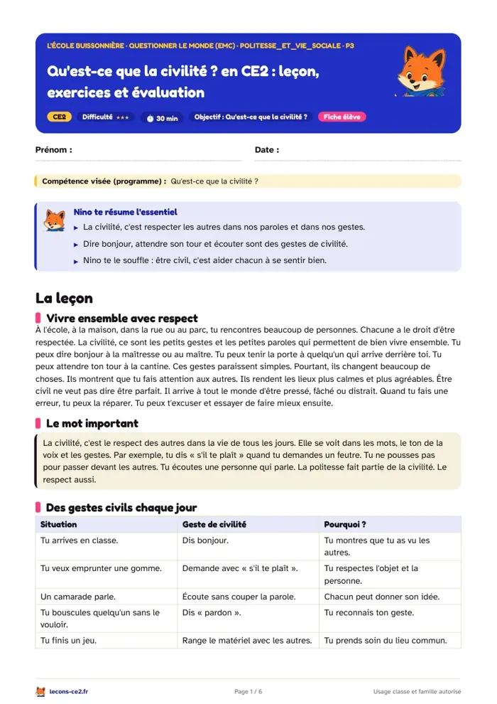 Aperçu de la fiche « Qu'est-ce que la civilité ? en CE2 : leçon, exercices et évaluation » en PDF