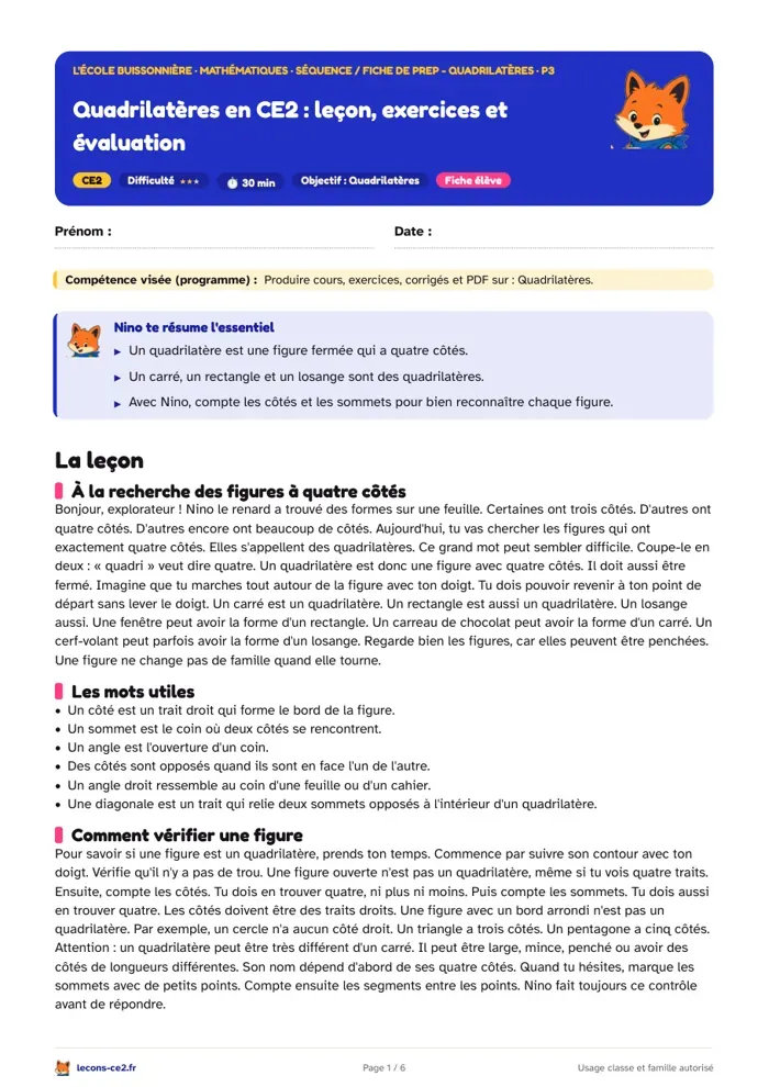 Aperçu de la fiche « Quadrilatères en CE2 : leçon, exercices et évaluation » en PDF