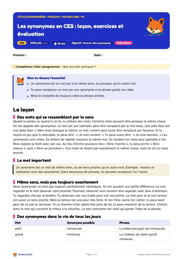 Aperçu de la fiche « Que veut dire synonyme en CE2 : sens proche, mais pas identique » en PDF