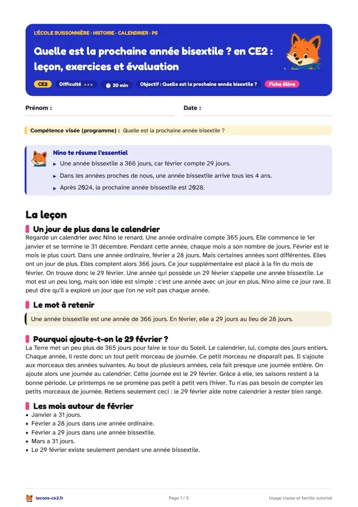 Aperçu de la fiche « Quelle est la prochaine année bisextile ? en CE2 : leçon, exercices et évaluation » en PDF