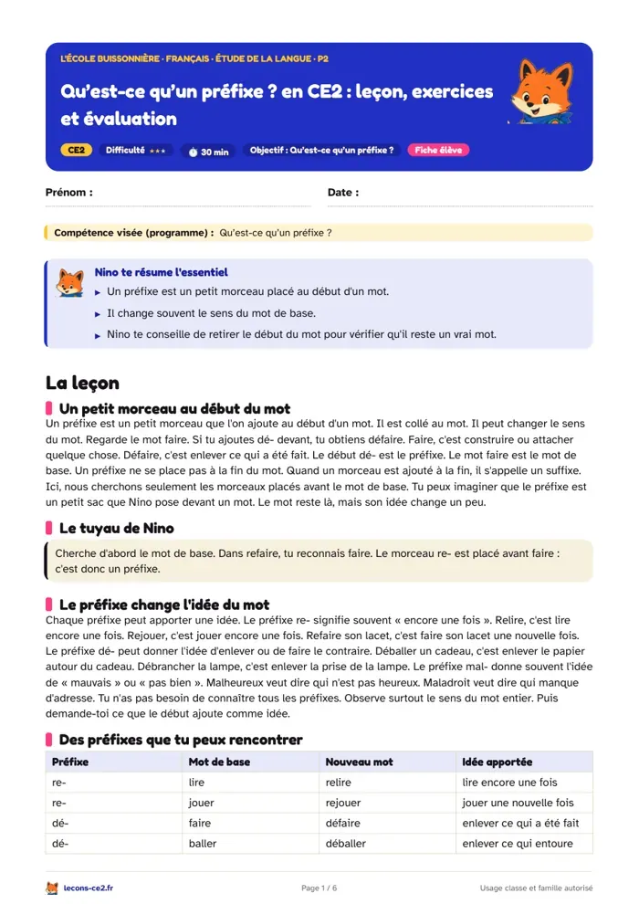 Aperçu de la fiche « Qu’est-ce qu’un préfixe ? en CE2 : leçon, exercices et évaluation » en PDF