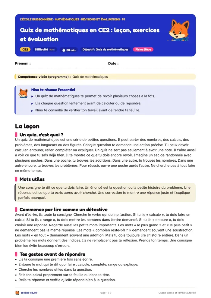 Aperçu de la fiche « Quiz de mathématiques en CE2 : leçon, exercices et évaluation » en PDF