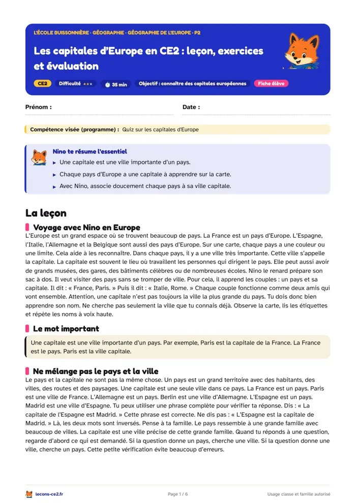 Aperçu de la fiche « Les capitales d’Europe en CE2 : leçon, exercices et évaluation » en PDF