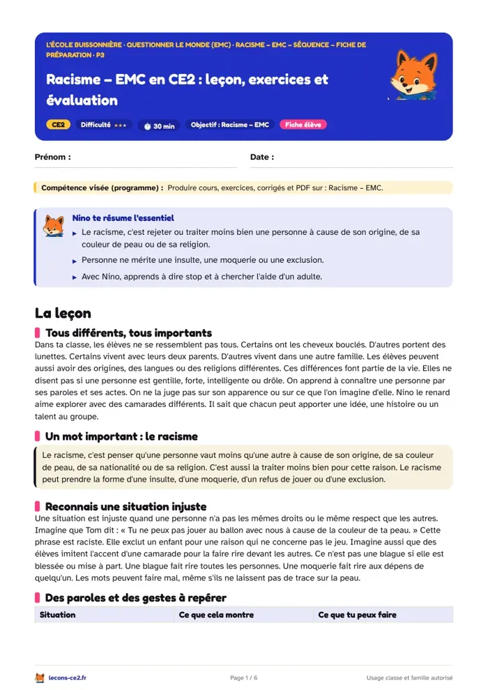 Aperçu de la fiche « Comprendre et refuser le racisme en CE2 : leçon d'EMC » en PDF
