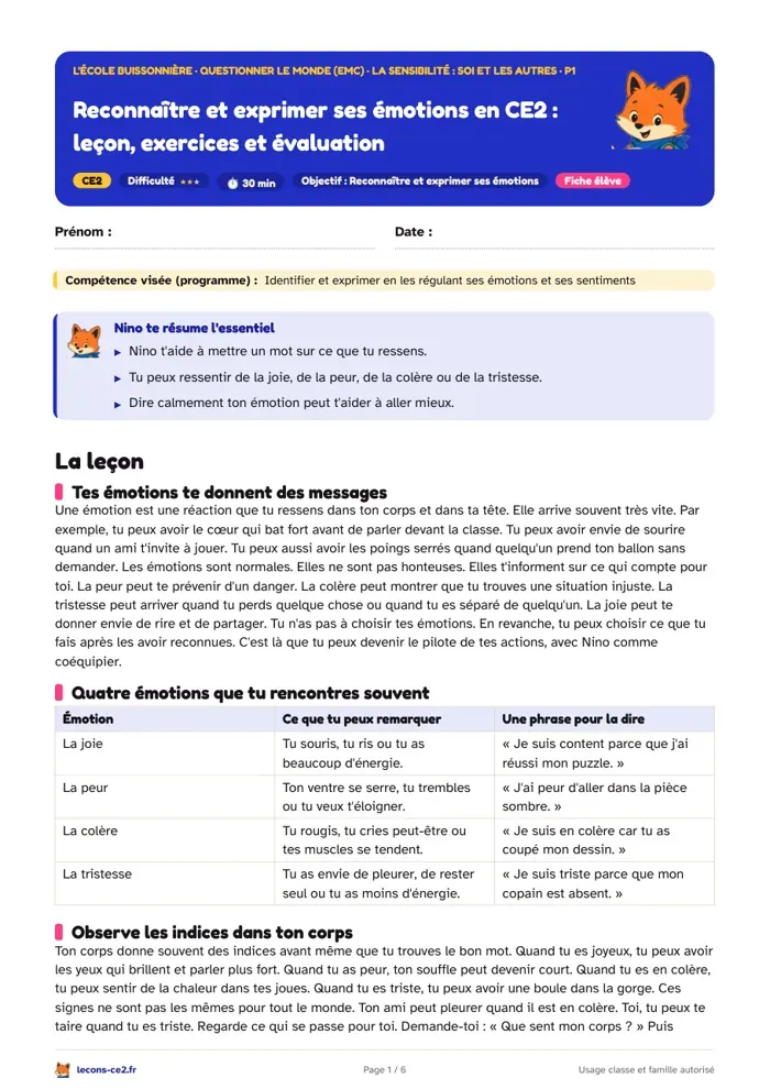 Aperçu de la fiche « Reconnaître et exprimer ses émotions en CE2 : leçon, exercices et évaluation » en PDF