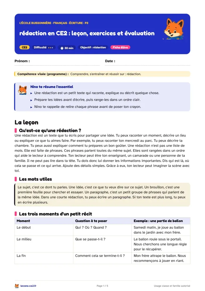 Aperçu de la fiche « Rédaction en CE2 : leçon, exercices et évaluation » en PDF