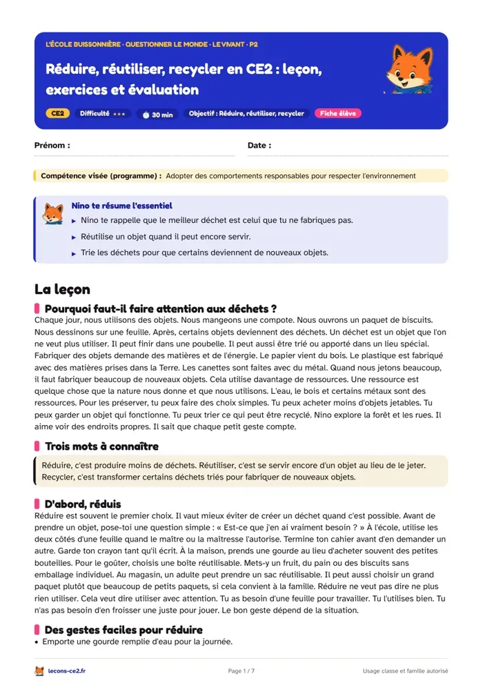 Aperçu de la fiche « Réduire, réutiliser, recycler en CE2 : leçon, exercices et évaluation » en PDF