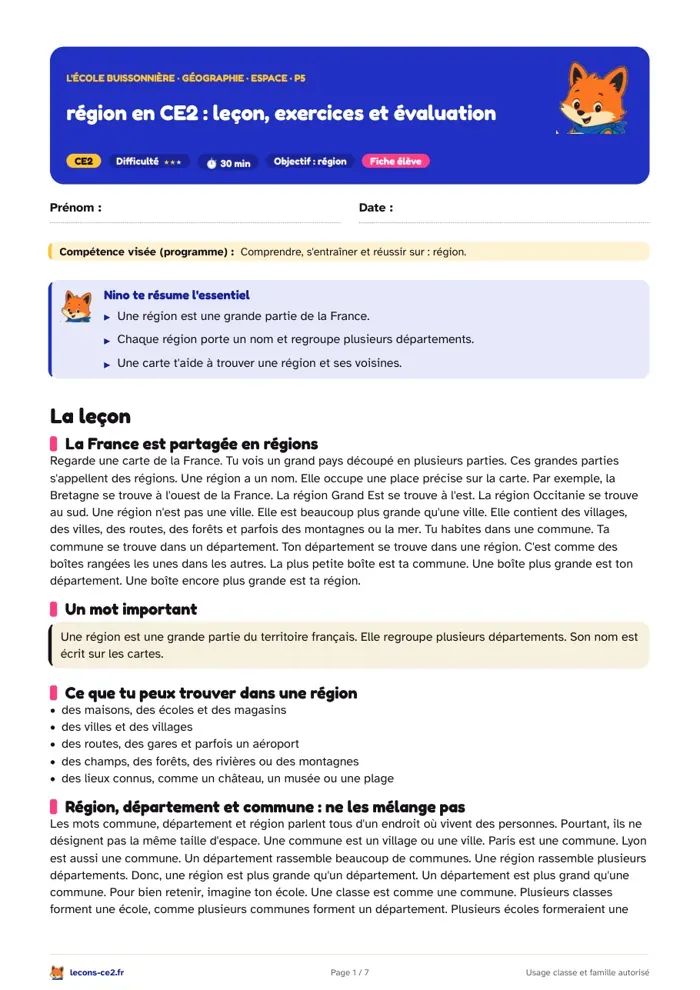 Aperçu de la fiche « Région en CE2 : leçon, exercices et évaluation » en PDF