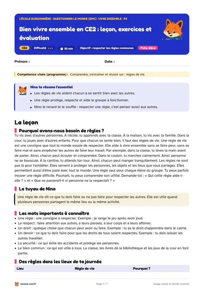 Aperçu de la fiche « Bien vivre ensemble en CE2 : leçon, exercices et évaluation » en PDF