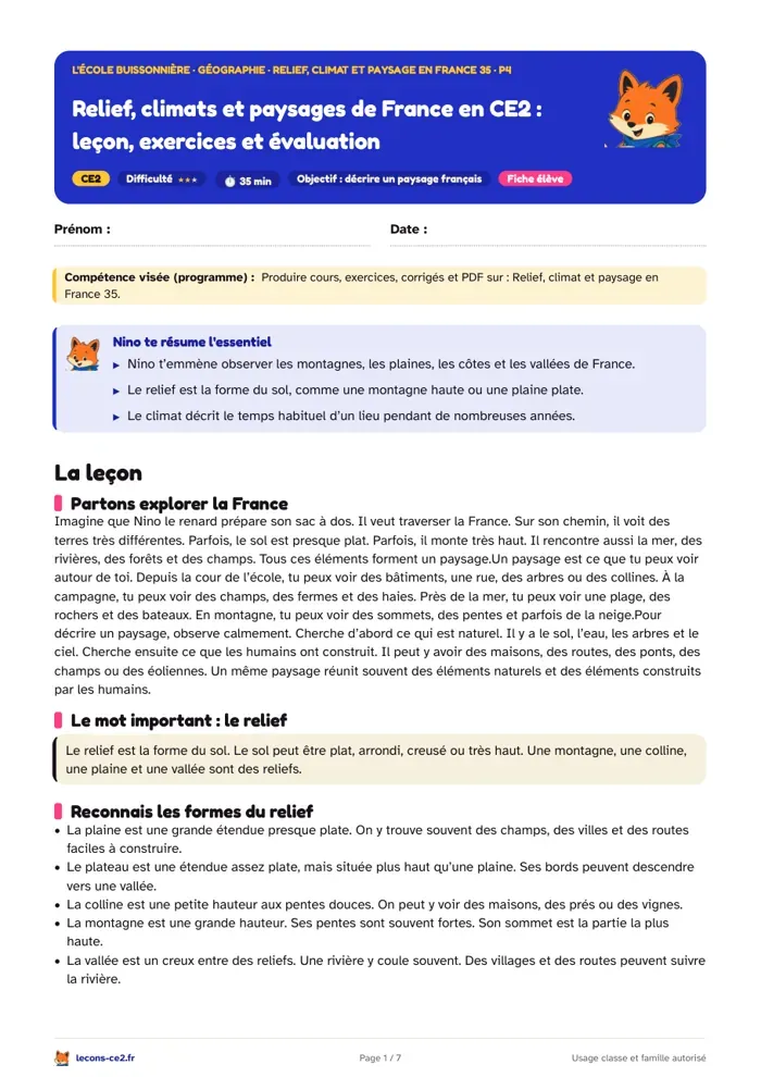 Aperçu de la fiche « Relief, climats et paysages de France en CE2 : leçon, exercices et évaluation » en PDF