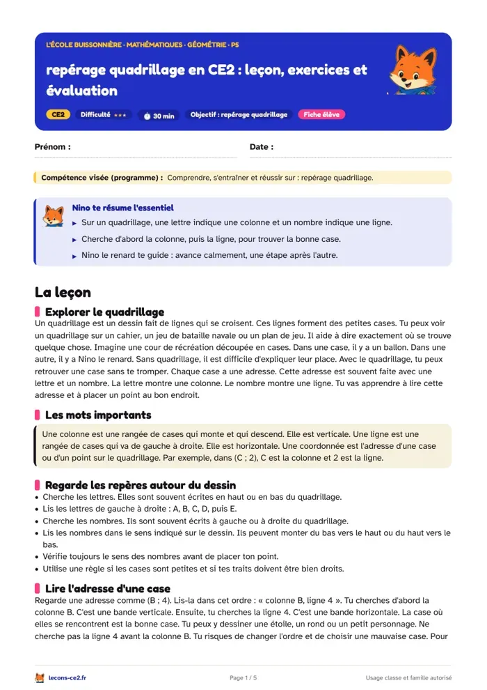Aperçu de la fiche « Repérage quadrillage en CE2 : leçon, exercices et évaluation » en PDF