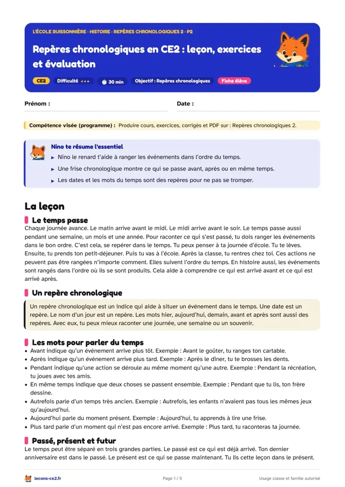 Aperçu de la fiche « Repères chronologiques en CE2 : leçon, exercices et évaluation » en PDF