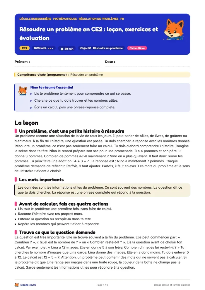 Aperçu de la fiche « Résoudre un problème en CE2 : leçon, exercices et évaluation » en PDF