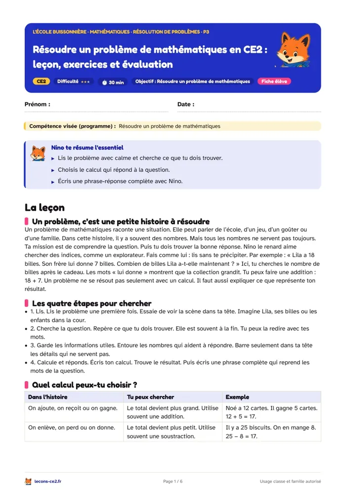 Aperçu de la fiche « Résoudre un problème de mathématiques en CE2 : leçon, exercices et évaluation » en PDF