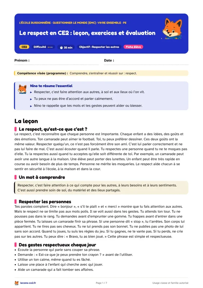 Aperçu de la fiche « Le respect en CE2 : leçon, exercices et évaluation » en PDF