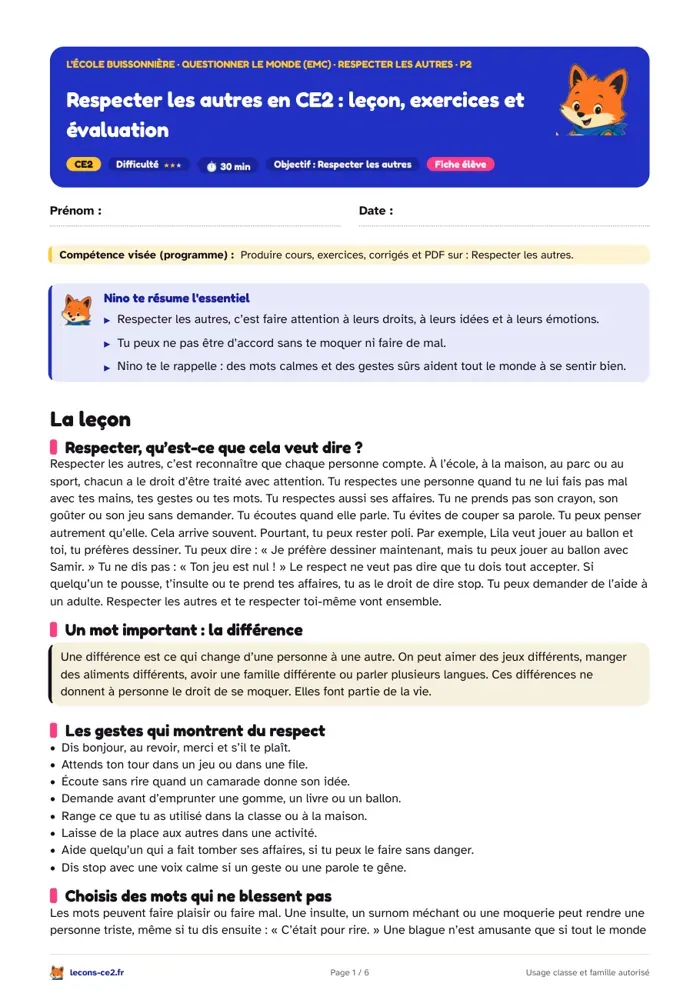 Aperçu de la fiche « Respecter les autres en CE2 : leçon, exercices et évaluation » en PDF