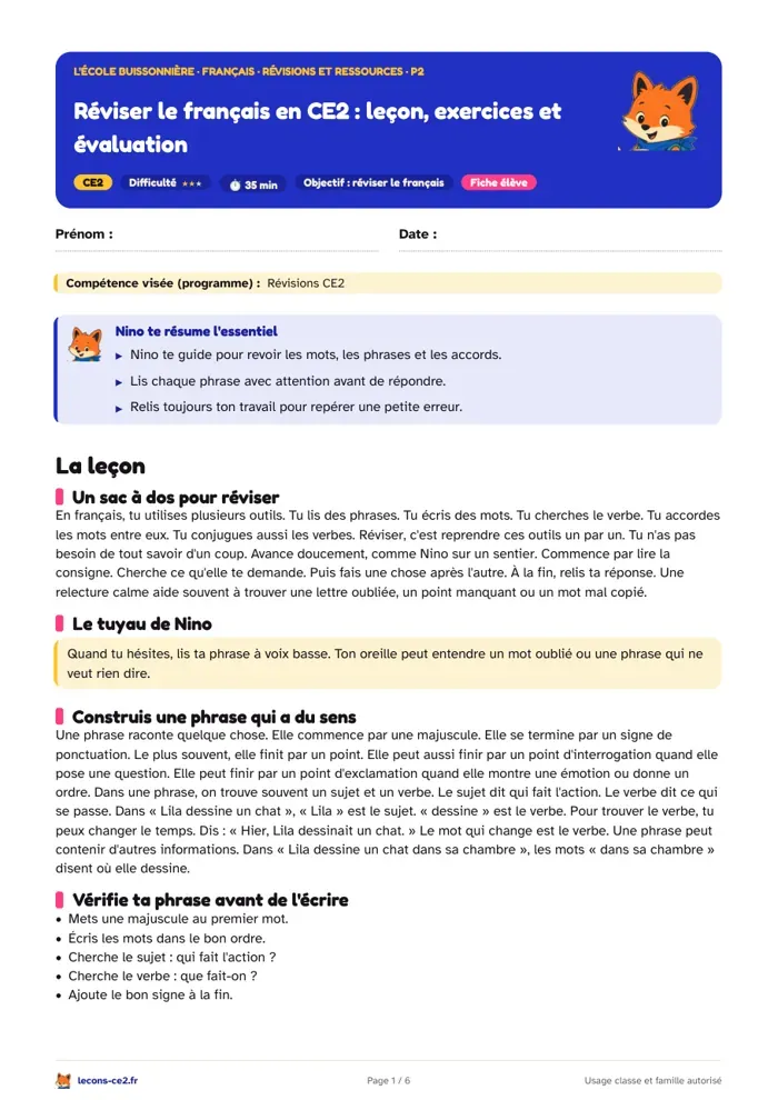 Aperçu de la fiche « Réviser le français en CE2 : leçon, exercices et évaluation » en PDF