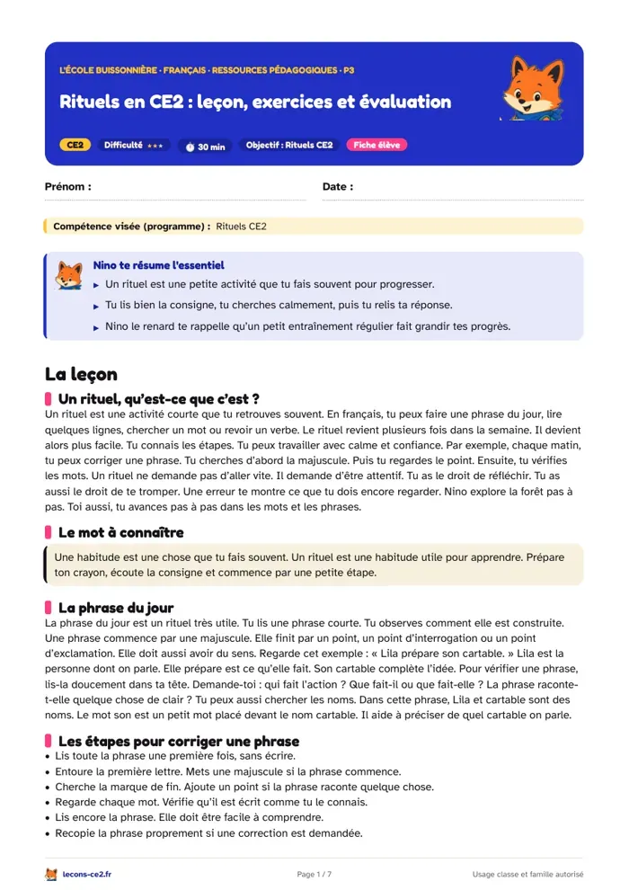 Aperçu de la fiche « Le petit entraînement quotidien de français en CE2 : phrase, verbe, lecture et dictée » en PDF