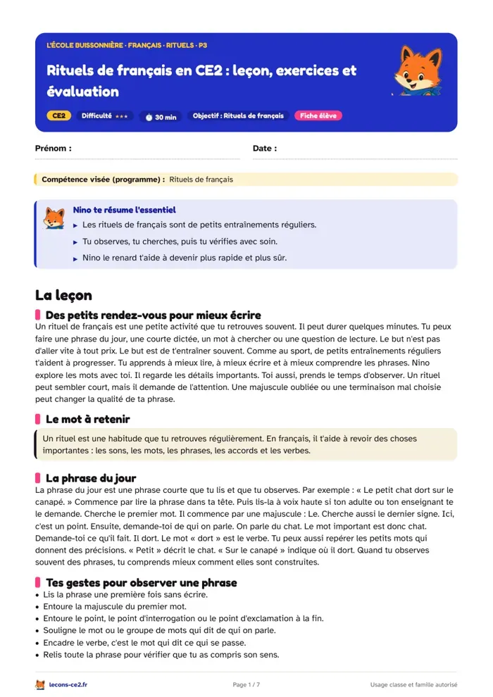 Aperçu de la fiche « Petits entraînements réguliers de français en CE2 : observer, écrire, relire » en PDF