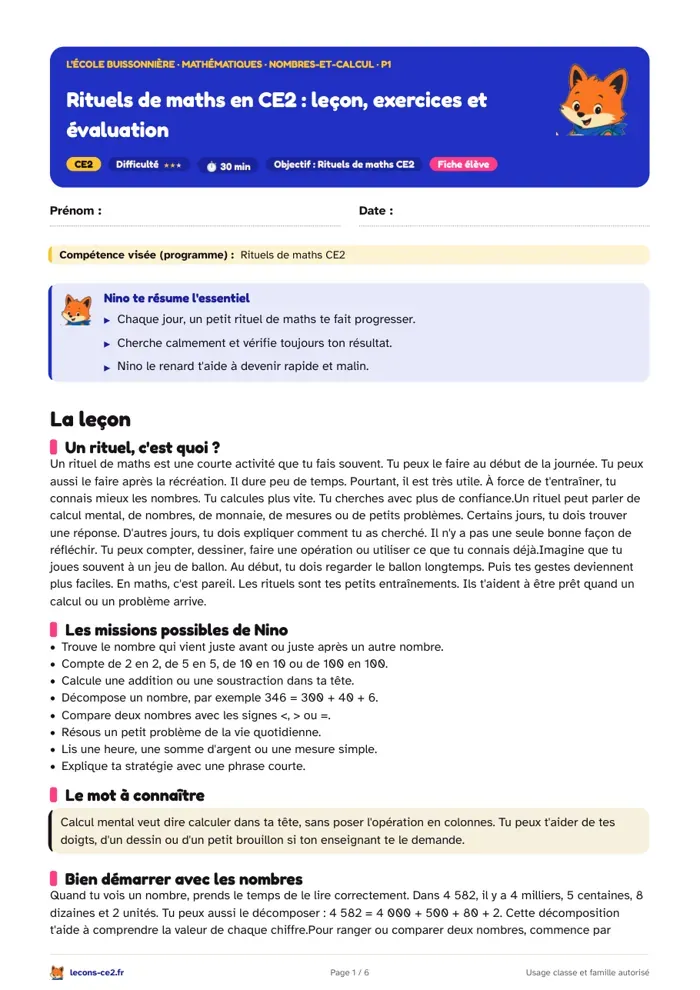 Aperçu de la fiche « Un peu de maths chaque jour en CE2 pour compter, comparer et vérifier » en PDF
