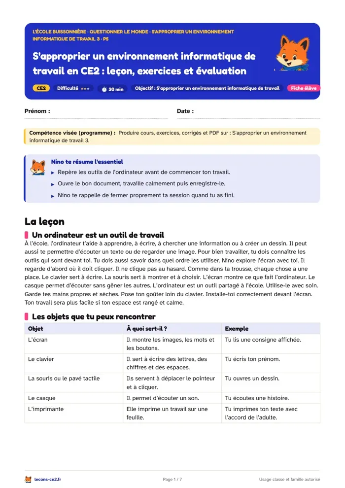 Aperçu de la fiche « S'approprier un environnement informatique de travail en CE2 : leçon, exercices et évaluation » en PDF