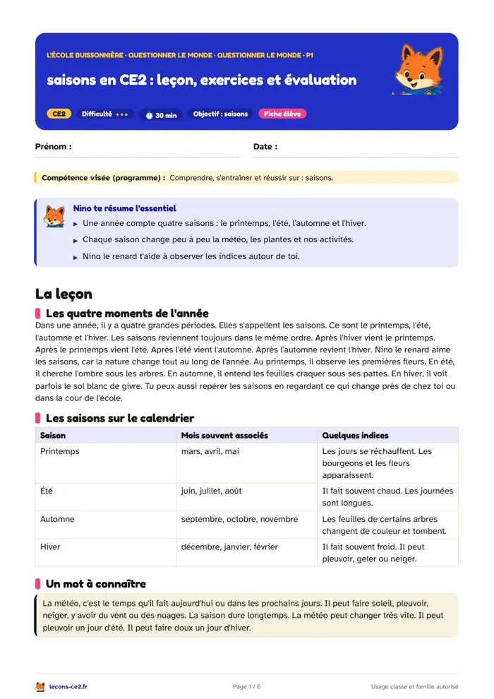 Aperçu de la fiche « Les saisons en CE2 : observer les indices et ne plus confondre saison et météo » en PDF
