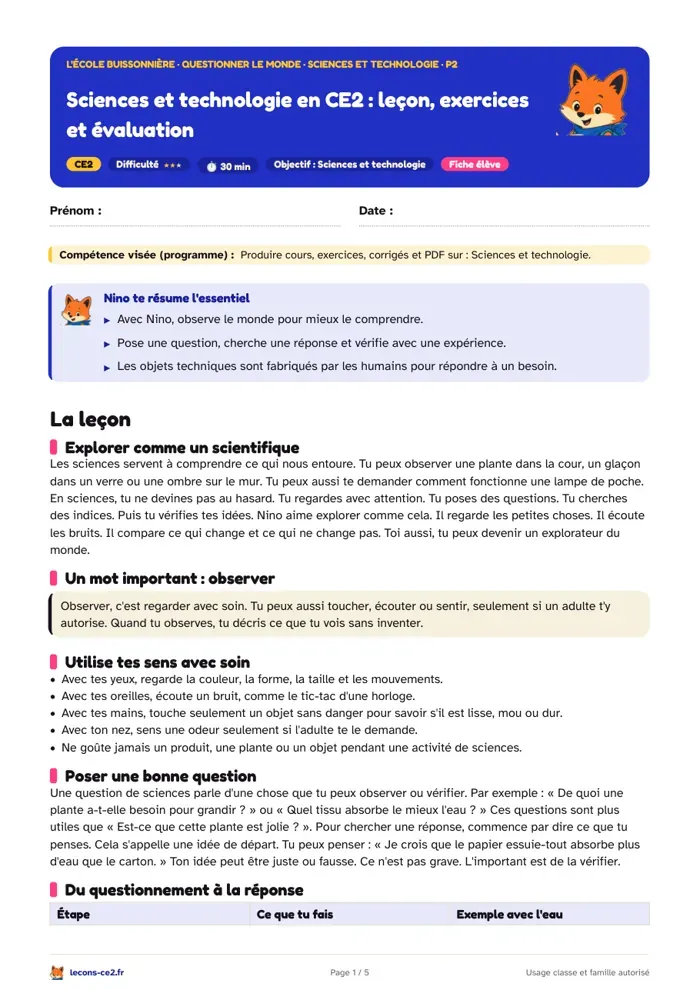 Aperçu de la fiche « Sciences et technologie en CE2 : leçon, exercices et évaluation » en PDF