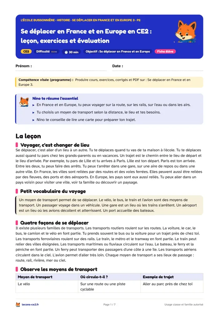 Aperçu de la fiche « Se déplacer en France et en Europe en CE2 : leçon, exercices et évaluation » en PDF