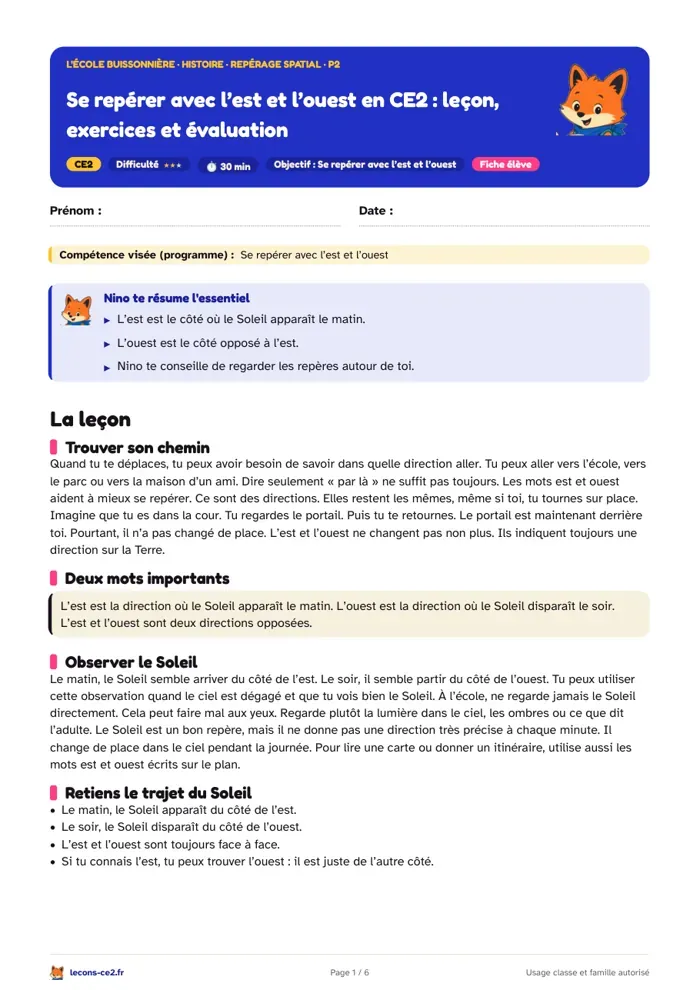 Aperçu de la fiche « Se repérer avec l’est et l’ouest en CE2 : leçon, exercices et évaluation » en PDF