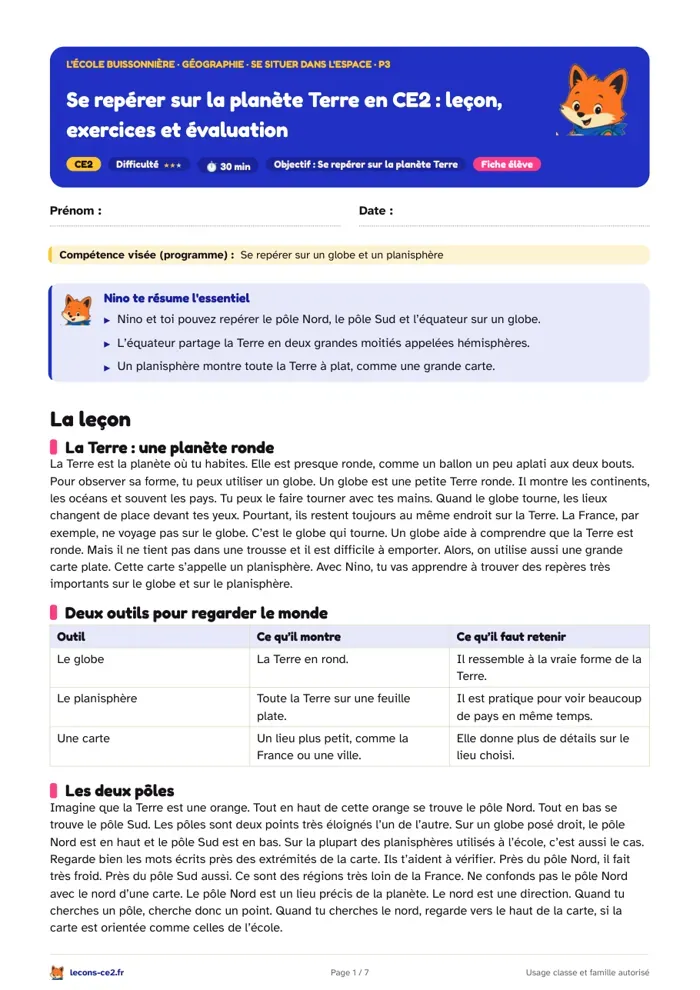 Aperçu de la fiche « Se repérer sur la planète Terre en CE2 : leçon, exercices et évaluation » en PDF