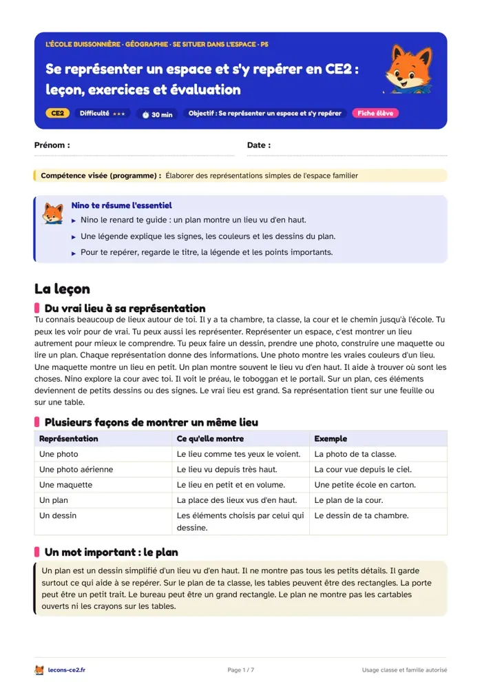 Aperçu de la fiche « Se représenter un espace et s'y repérer en CE2 : leçon, exercices et évaluation » en PDF