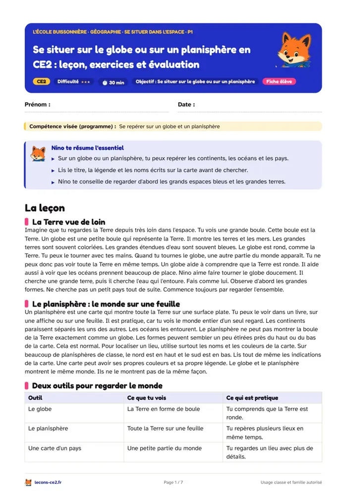 Aperçu de la fiche « Se situer sur le globe ou sur un planisphère en CE2 : leçon, exercices et évaluation » en PDF