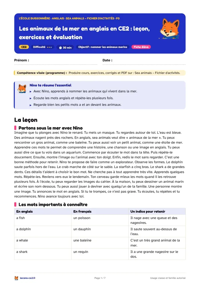 Aperçu de la fiche « Les animaux de la mer en anglais en CE2 : leçon, exercices et évaluation » en PDF