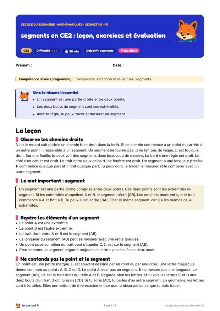 Aperçu de la fiche « Segments en CE2 : leçon, exercices et évaluation » en PDF