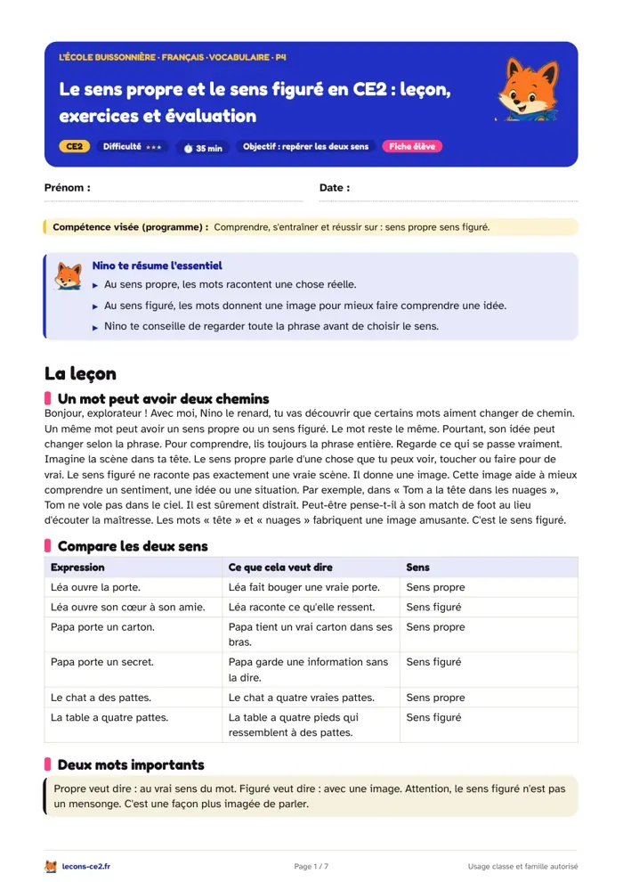 Aperçu de la fiche « Le sens propre et le sens figuré en CE2 : leçon, exercices et évaluation » en PDF